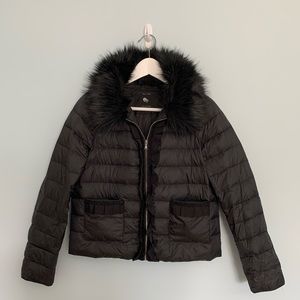 Zara Black Down Coat with Fur and Ruffle Detail
